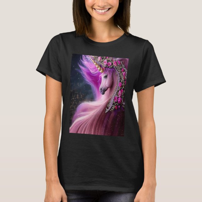 Magisches Einhorn mit rosa Rosen T-Shirt (Vorderseite)