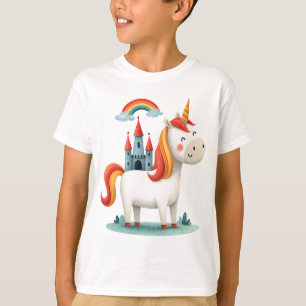 Magisches Einhorn mit Schloss und Regenbogen – Süß T-Shirt