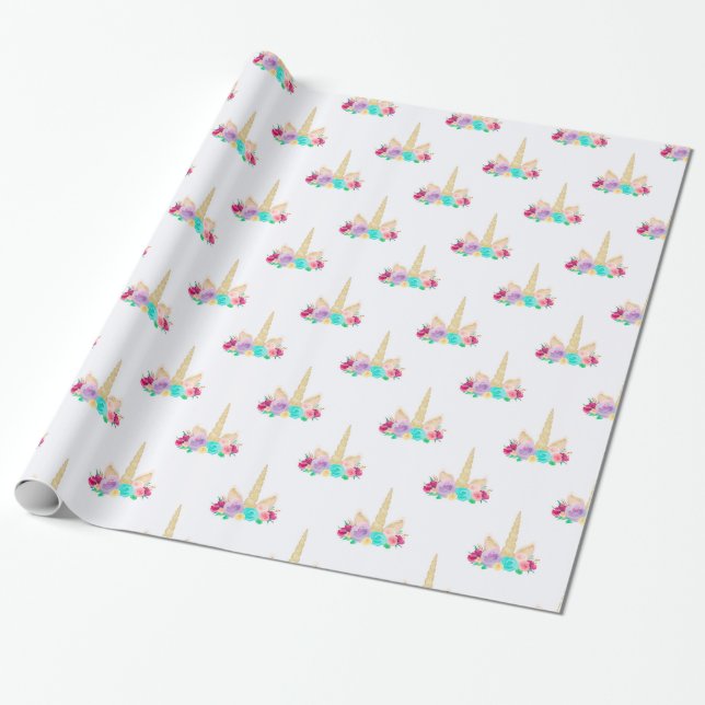 Magisches Einhorn-Packpapier-Blumengoldhorn Geschenkpapier (Ungerollt)