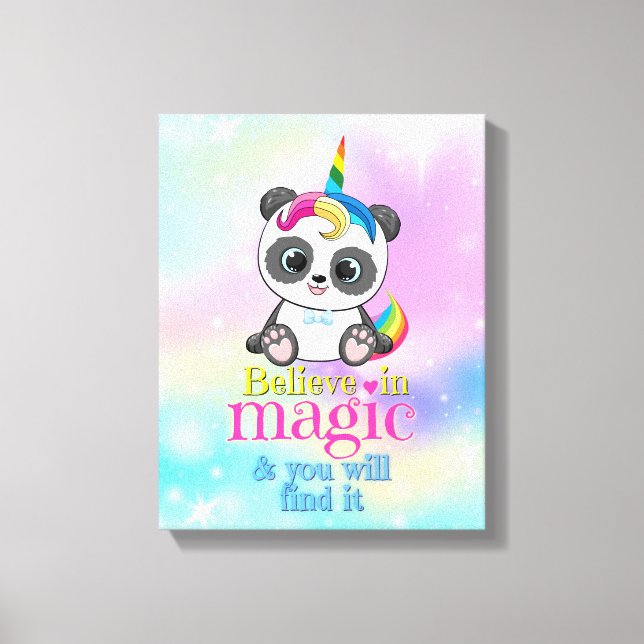 Magisches Einhorn-Panda auf Regenbogenuntergrund Leinwanddruck (Vorderseite)