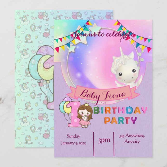 Magisches Einhorn - Party Einladung zum 1. Geburts (Vorne/Hinten)