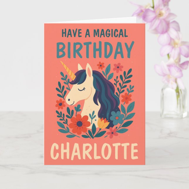 Magisches Einhorn Personalisiert Whimsical Geburts Karte (Orchidee)
