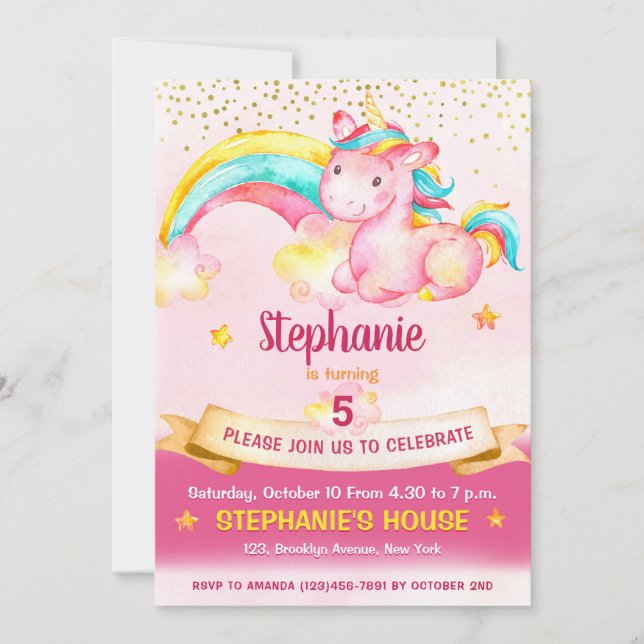 Magisches Einhorn & Regenbogen Geburtstag Einladung (Vorderseite)