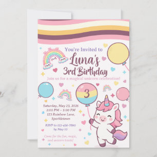 Magisches Einhorn & Regenbogen Mädchen Dritter Geb Einladung