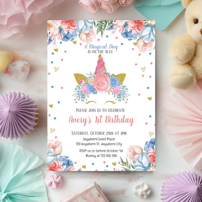 Magisches Einhorn Regenbogen Rosa Bläsergeburt Einladung (Magical Unicorn Rainbow Pink Floral Birthday Invitation)