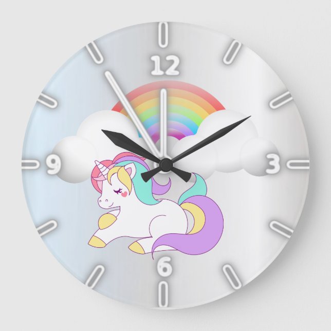 Magisches Einhorn, Regenbogen, Silber Große Wanduhr (Vorderseite)