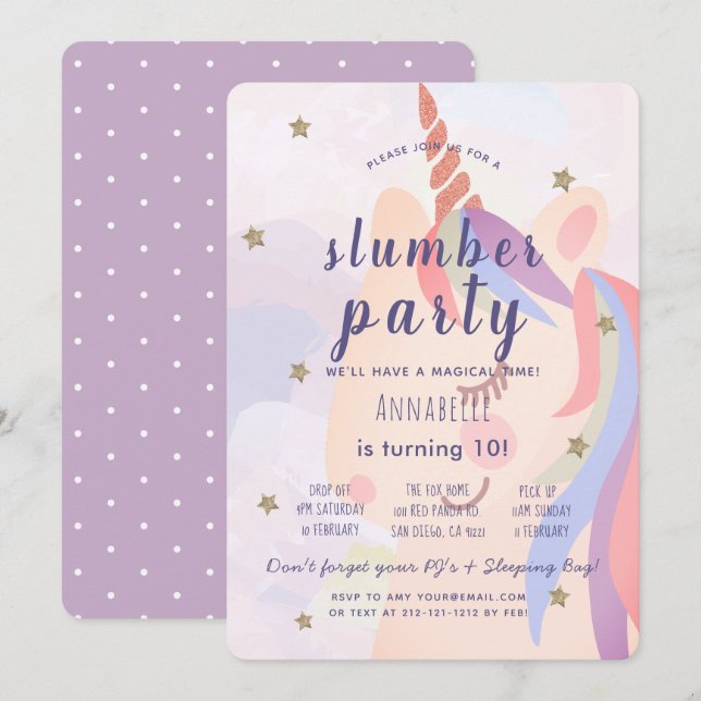 Magisches Einhorn-Regenbogen-Slumber-Party Geburts Einladung (Vorne/Hinten)