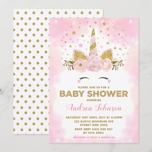 Magisches Einhorn-Rosa bewölkt Mädchen-Babyparty Einladung (Vorne/Hinten)
