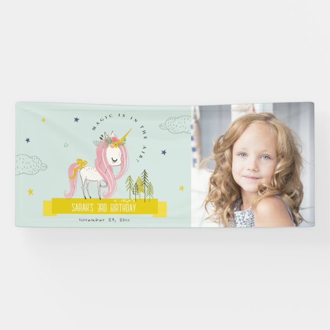 Magisches Einhorn Rosa Gelbe Kinder Foto Geburtsta Banner (Horizontal)