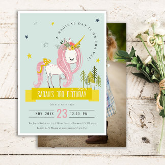 Magisches Einhorn Rosa Gelbe Kinder Foto Geburtsta Einladung