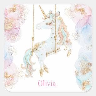 Magisches Einhorn Rosa & Gold Mädchen Name Quadratischer Aufkleber