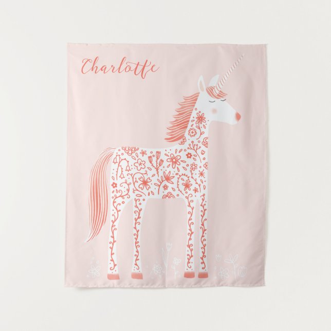 Magisches Einhorn Rosa Personalisiert Wandteppich (Vorderseite)