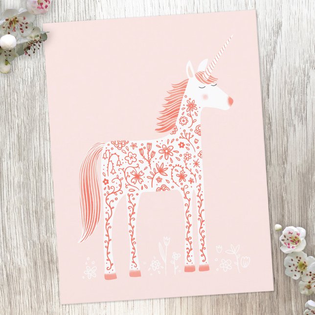 Magisches Einhorn Rosa Postkarte (Floral unicorn postcard)
