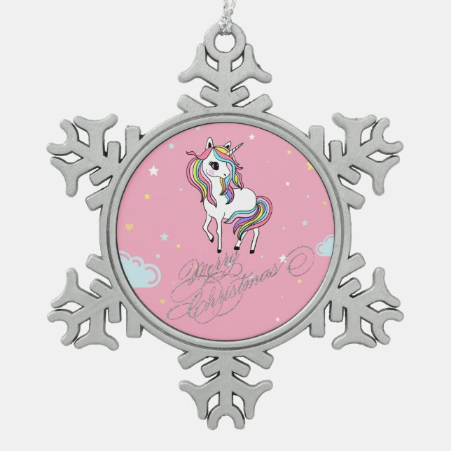 Magisches Einhorn, Sterne, frohe Weihnachten Schneeflocken Zinn-Ornament (Vorderseite)