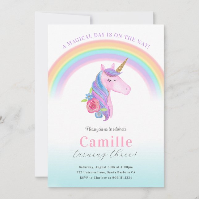 Magisches Einhorn und Regenbogen Einladung zum Geb (Vorderseite)