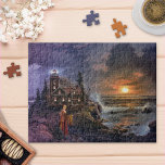 Magisches Fantasy Coastal Night Puzzle<br><div class="desc">Puzzle mit einem Gemälde einer Fantasy-Szene an der Küste mit einer Märchenfrau und ihrer schwarzen Katze auf einem donnernden stürmischen Abend bei Sonnenuntergang.</div>