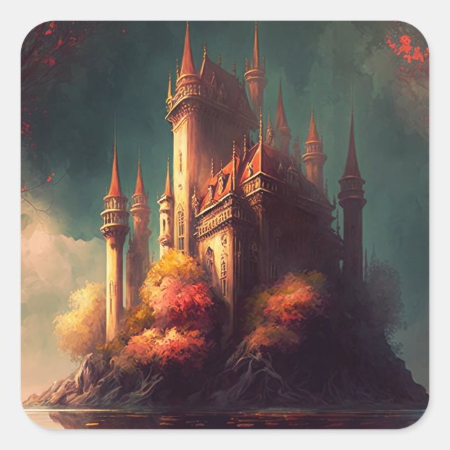 Magisches Fantasy-Schloss Quadratischer Aufkleber (Vorderseite)