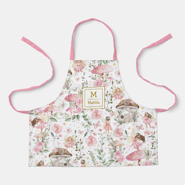 Magisches Forest Fairy Pink Blumengarten Monogramm Schürze (Vorderseite)