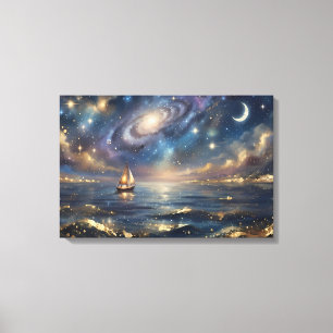 Magisches Galaxien-Segelschiff auf gespannter Lein Leinwanddruck