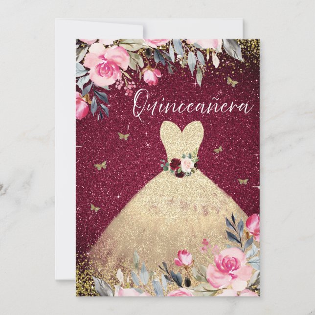 Magisches Gold Dress Blush Pink Floral Quinceanera Einladung (Vorderseite)