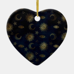 Magisches Gold Moon Sun Sterne Dunkelblaues Muster Keramik Ornament