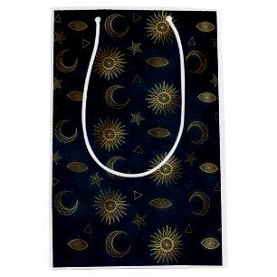 Magisches Gold Moon Sun Sterne Dunkelblaues Muster Mittlere Geschenktüte