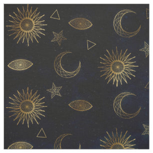 Magisches Gold Moon Sun Sterne Dunkelblaues Muster Stoff