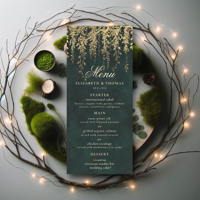 Magisches Goldblatt-Hochzeitmenü des verzauberten  Menükarte (wedding menu card enchanted forest fairytale gold vines calligraphy)