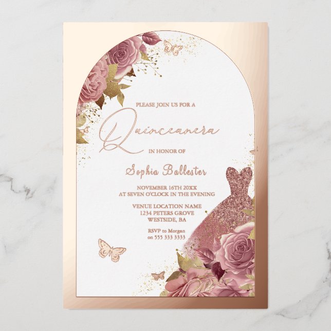 Magisches Kleid Verzauberte Quinceanera Rose Gold Folieneinladung (Vorderseite)