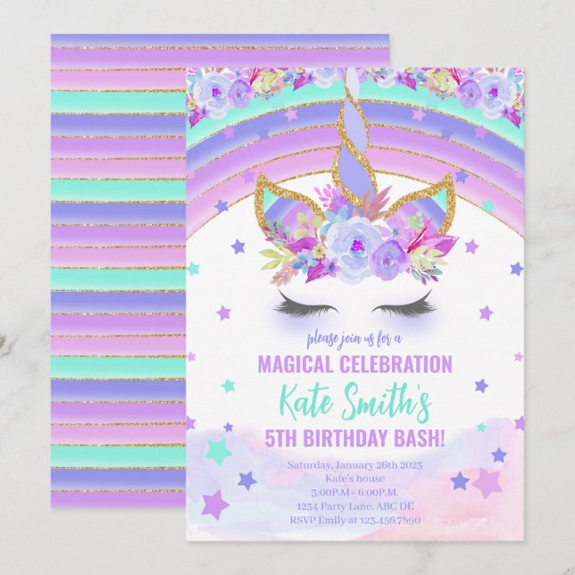 Magisches Lila Einhorn Geburtstag Einladung (Vorne/Hinten)