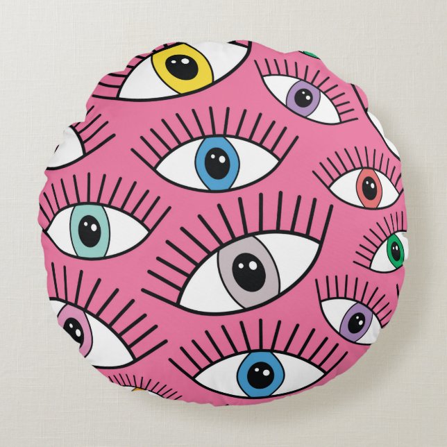 Magisches Muster mit bunten Augen. Mystischer Hint Rundes Kissen (Vorderseite)