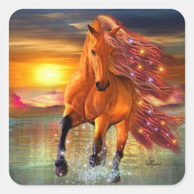 Magisches Pferd am Strand Quadratischer Aufkleber (Vorderseite)