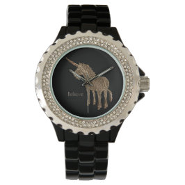 Magisches Pferd Niedlich Einhorn Schwarz und Gold  Armbanduhr