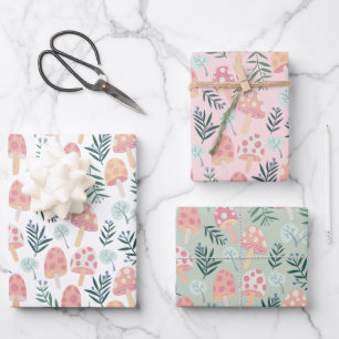 Magisches Pilzwaldmuster Rosa Grün Geschenkpapier Set