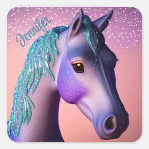 Magisches Pony in Lila und Aquamarin mit Individue Quadratischer Aufkleber
