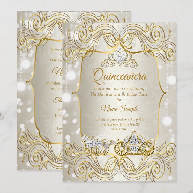 Magisches Quinceanera Kutsche Gold Beige Silber Einladung (Vorne/Hinten)