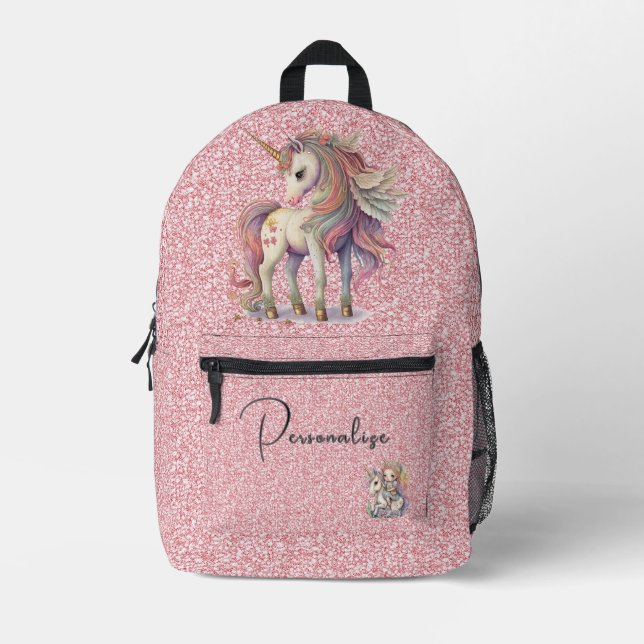 Magisches Rainbow-Einhorn auf rosa Glitzer Bedruckter Rucksack (Vorderseite)