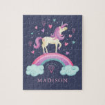Magisches Rainbow Unicorn<br><div class="desc">Magical unicorn with hearts and a rainbow decorate this puzzle. Personalize it with her name. Ein Gift für ein Girl. Designed for you by Blackberry Boulevard.</div>