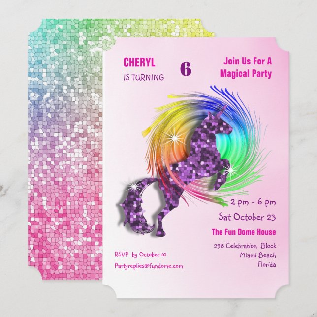 Magisches Regenbogen Einhorn Niedlich Girly Party  Einladung (Vorne/Hinten)