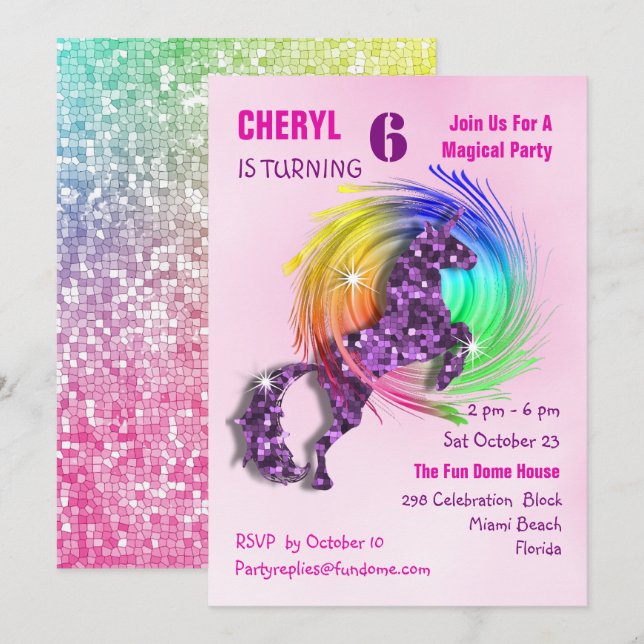 Magisches Regenbogen Einhorn Niedlich Girly Party  Einladung (Vorne/Hinten)