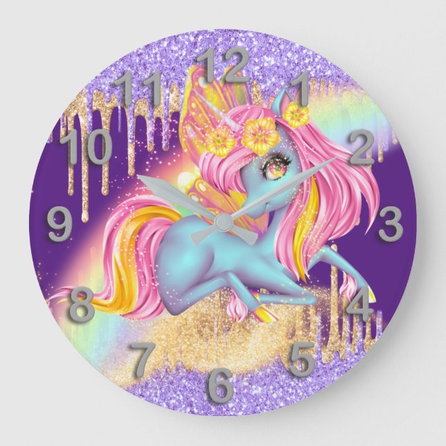 Magisches Regenbogeneis unicorrosa lila Glitzer Große Wanduhr (Vorderseite)