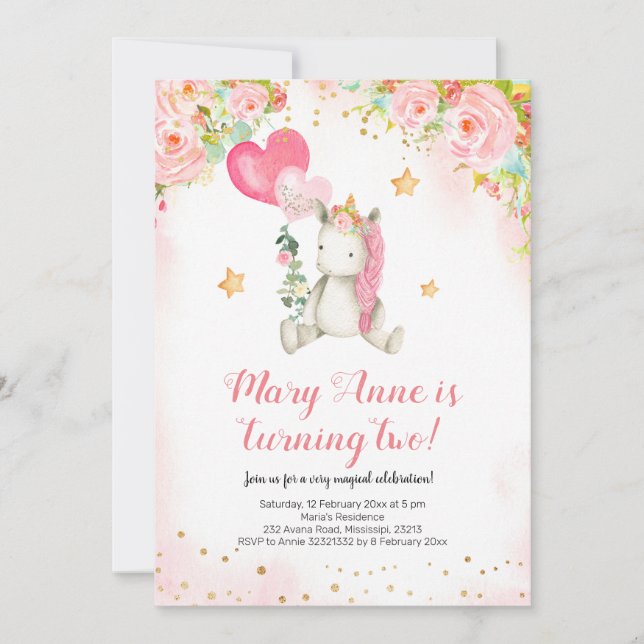 Magisches rosa Einhornmädchen zum zweiten Geburtst Einladung (Vorderseite)