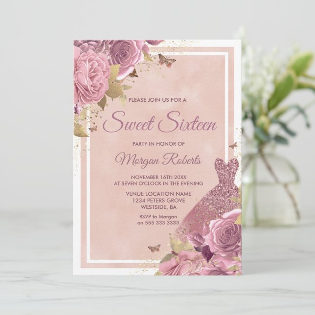 Magisches Rosa Kleid & Blume Sweet 16 Einladung (Stehend Vorderseite)