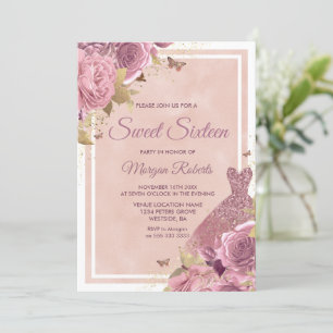 Magisches Rosa Kleid & Blume Sweet 16 Einladung
