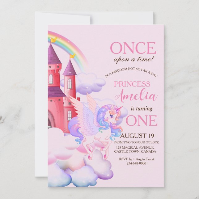 Magisches Schloss Pink Einhorn 1. Prinzessin Gebur Einladung (Vorderseite)