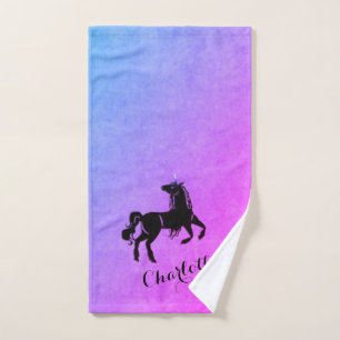 Magisches Schwarzes Einhorn Lila Personalisiert Badhandtuch Set