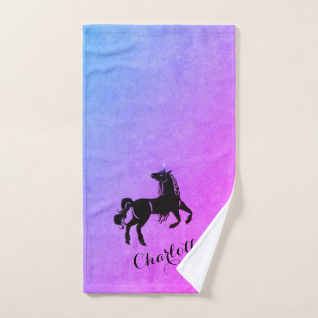 Magisches Schwarzes Einhorn Lila Personalisiert Badhandtuch Set (Handtuch)