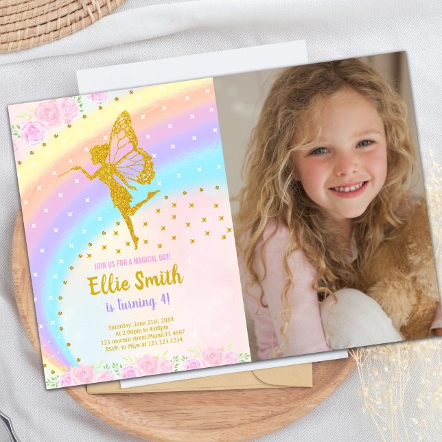 Magisches Sparkle-Party für Mädchen Einladung (Photo Rainbow Glitter Fairy Birthday Invitations)