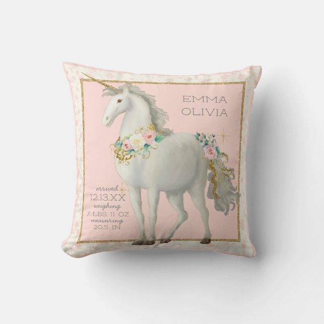 Magisches Unicorn BOHO Floral Baby Girl Birth Stat Kissen (Vorderseite)