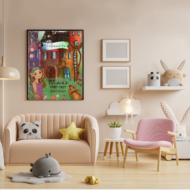 Magisches Waldfest 1. Geburtstag Begrüßungposter Poster (Magical Woodland Fairy 1st Birthday Welcome Poster)